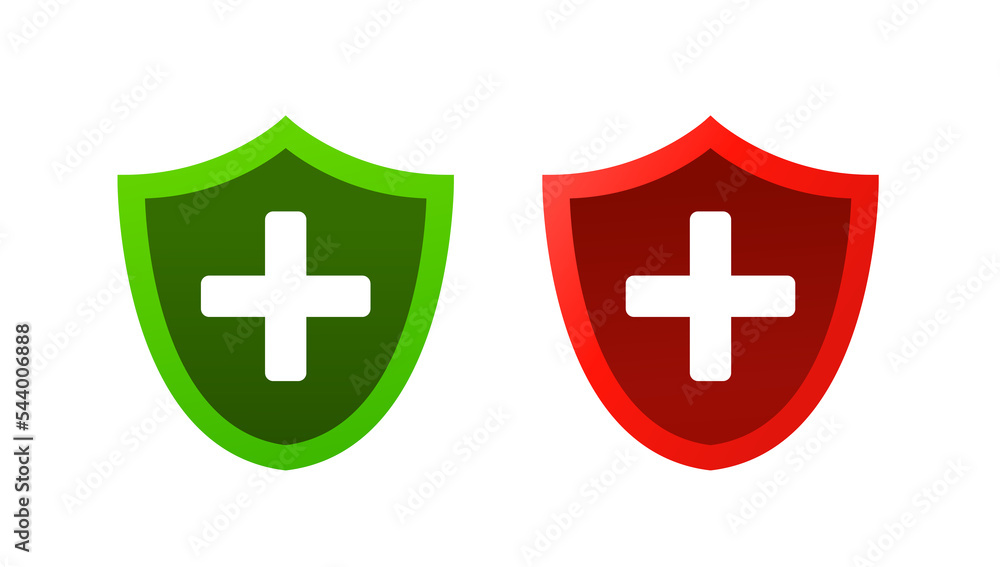Set medical protection health shield with green shield and red. Shield concept. Vector illustration Set medical protection health shield with green shield and red. Shield concept. Vector illustration