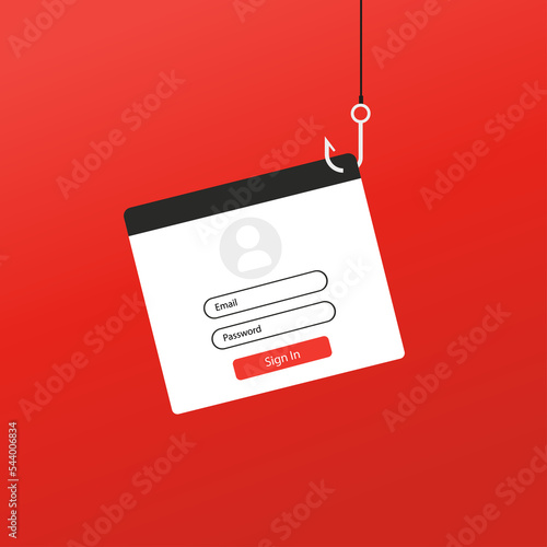 Phishing concept. Hacker stealing login, account, username and password information with a fishing hook. Vector illustration