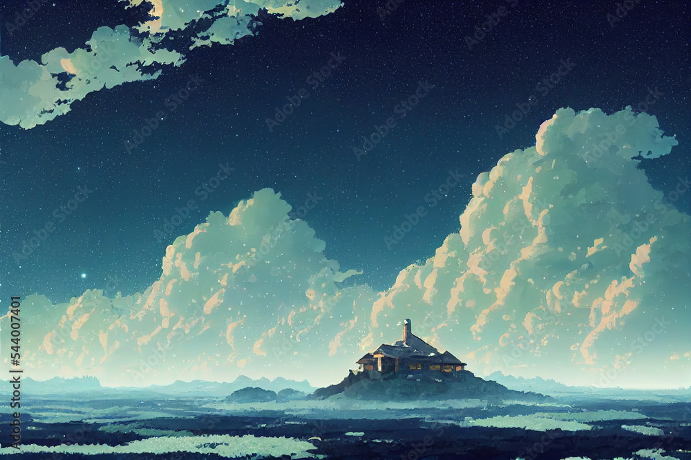 Fantasy Atmosphere Sky Landscape. Japanese Anime Style. Dynamic Cloud