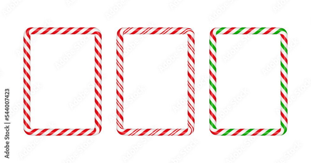 Christmas candy cane square frame with red,green and white striped. Xmas border with striped candy lollipop pattern. Christmas and new year template. Vector illustration isolated on white background. Christmas candy cane square frame with red,green and white striped. Xmas border with striped candy lollipop pattern. Christmas and new year template. Vector illustration isolated on white background.