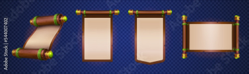 Ancient parchment scrolls in brown and gold frames. Medieval luxury royal manuscripts, blank rolled up paper documents isolated on transparent background, vector cartoon set