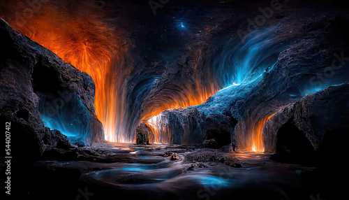 Dark cave with magical colorful neon light. Glow reflection, mirrored, fantasy mountain landscape, cave landscape, neon. Underground tunnel, magic. photo