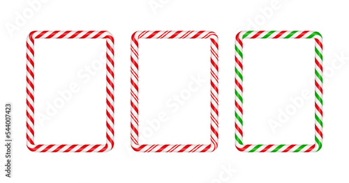 Christmas candy cane square frame with red,green and white striped. Xmas border with striped candy lollipop pattern. Christmas and new year template. Vector illustration isolated on white background.