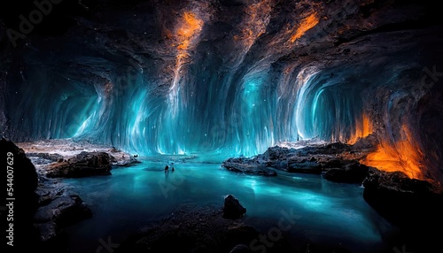 Dark cave with magical colorful neon light. Glow reflection, mirrored, fantasy mountain landscape, cave landscape, neon. Underground tunnel, magic.