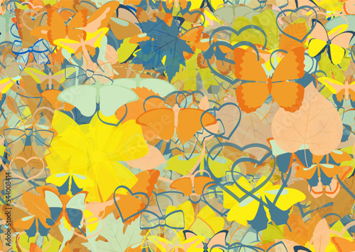 Background pattern abstract seamless design texture. Theme is about botany, various, drawing, decoration, ornate, exotic, embellishment, adornment, garden, tropical, colorful, wild, summer