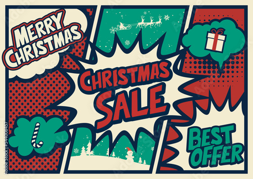 Christmas Sale retro typography pop art background, an explosion in comic book style.	
