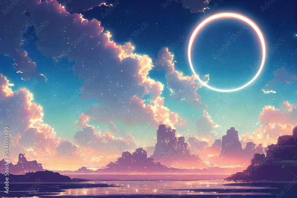 Fantasy Atmosphere Sky Landscape. Japanese Anime Style. Dynamic Cloud See Through Light. Amazing View Background