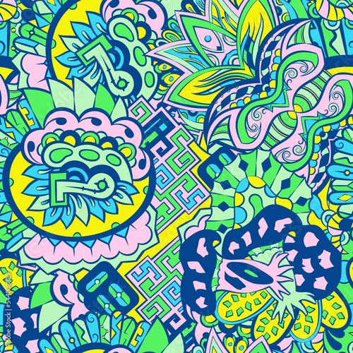 Tracery seamless pattern. Mehndi design. 6 colors. Ethnic doodle texture. Curved doodling background. Vector