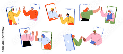 People on phones give high five. Video call or mobile chat conversation. Friends hit the palms on smartphones screens in chat messenger. Online distant communication, Linear flat vector illustration