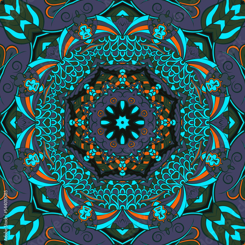 Seamless tile texture. Tracery mehndi design image. Dark toxic colors. Ethnic doodle art. Curved doodling picture. Vector