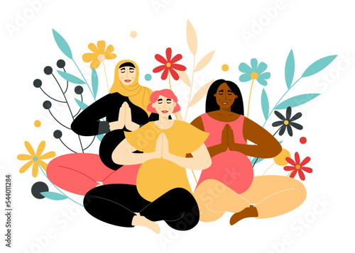 Group of pregnant women of different nationalities practicing yoga in a lotus pose. Future mothers doing relaxing exercise and meditating in asana. Vector flat illustration 