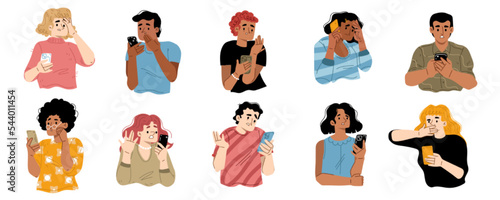 Bad news concept with unhappy people reading negative shocking messages on smartphone screen. Frustrated male and characters grief, sorrow and sadness emotions, Cartoon linear vector illustration