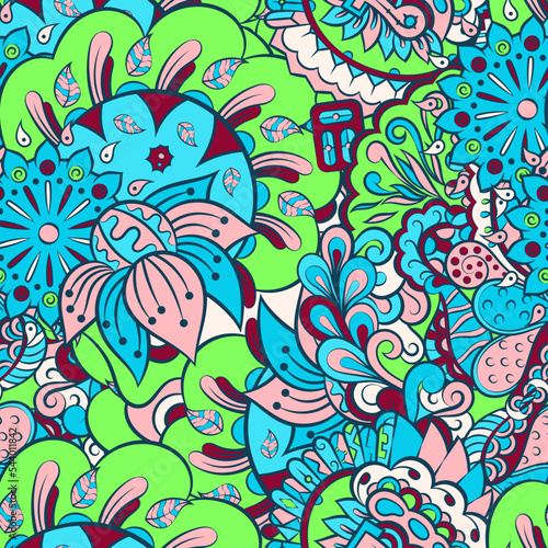 Tracery seamless pattern. Mehndi design. 7 colors. Ethnic doodle texture. Curved doodling background. Vector