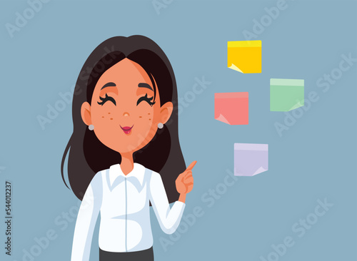 Businesswoman Pointing at Sticky notes Vector Cartoon Illustration. Happy entrepreneur making a to do list prioritizing work
