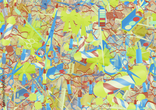 Background pattern abstract seamless design texture. Theme is about scissors, pomatum, shaving, Barber pole, razor blade, embellishment, straight razor, toiletry, maquillage, barber, ribbons