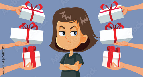 Ungrateful Girl Not liking her Presents Vector Cartoon Illustration. Entitled demanding little child disappointed in all the gifts she got
