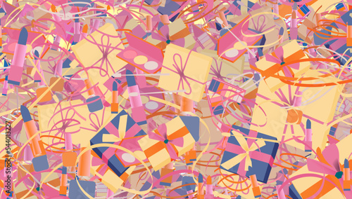 Background pattern abstract seamless design texture. Theme is about festive, wrap, seasonal, xmas, tones, merry, offer, cosmetics, many, ointment, ribbon, wavy, new, illustration, confetti