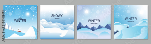 Vector flat illustration of winter landscape. Snowy winter, snowdrifts, snowfall, mountains. Design elements for poster, book cover, brochure, magazine, flyer, booklet.