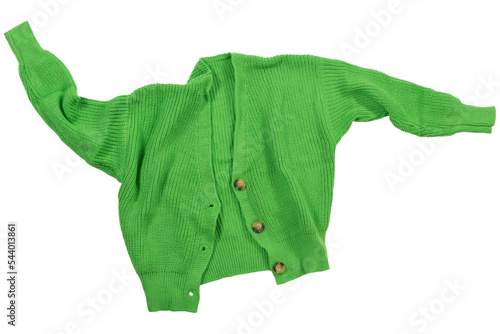 Green knitted sweater with buttons, laid out as if levitating , isolate