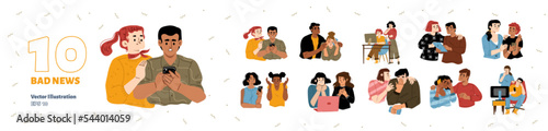 Sad people receive bad news from mobile phone, computer or tv. Diverse persons feel sorrow, stress, anxiety, hug and support each other isolated on white background, vector hand drawn illustration