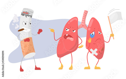 Cigarette and human lung quarrelling flat vector