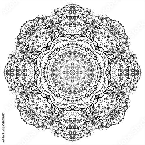 Mandala. Tracery wheel image. Mehndi design. Binary monochrome black and white. Ethnic doodle art. Curved doodling picture. Vector