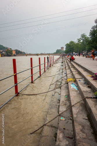 July 8th 2022 Haridwar India. Chains and Iron barricading at the ghats or banks of river Ganges for public safety during bathing. photo