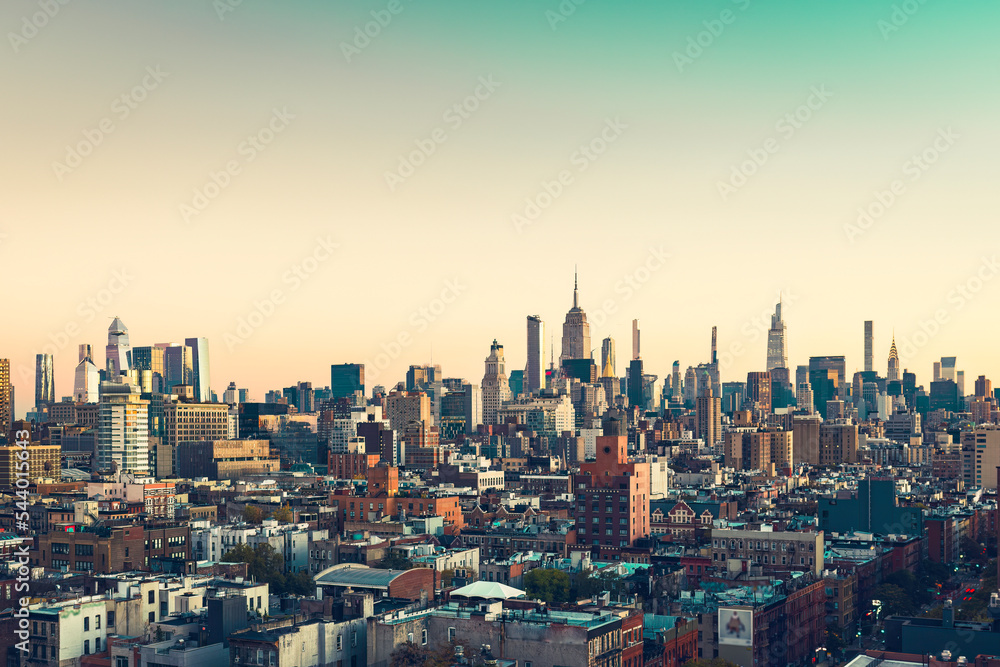 New York City skyline panorama with Midtown skyscrapers, early morning light
