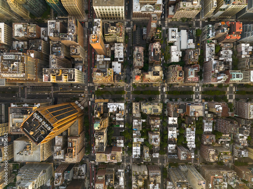 Fotografering Aerial top down view of New York downtown buildings and street intersection