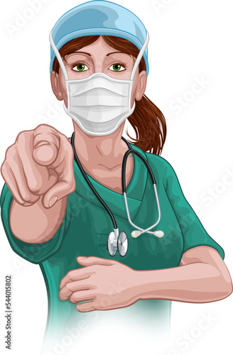 Canvas Print A woman nurse or doctor in surgical or hospital scrubs and mask pointing in a your country needs or wants you gesture