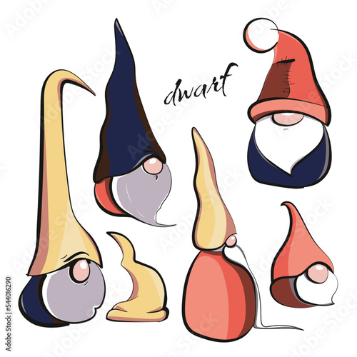 Set of vector funny dwarves in warm tones. Christmas characters. Suitable for designs in polygraphy.