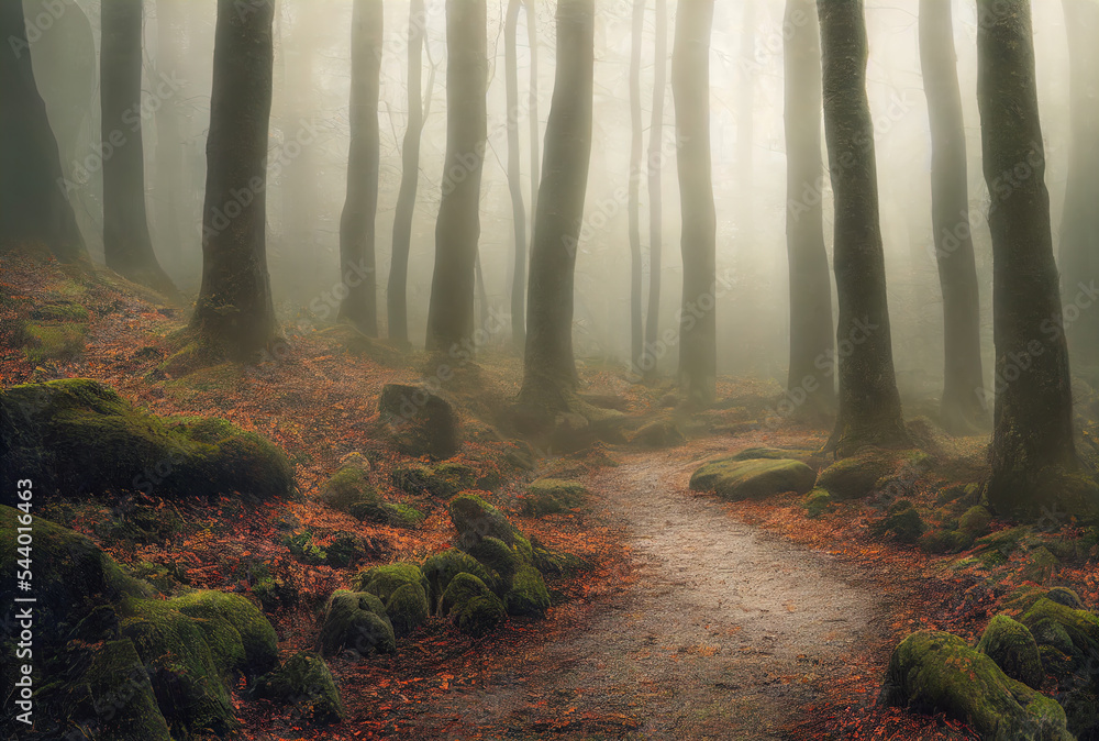 An ancient mysterious autumn forest in the fog. Moss-covered trees and ...