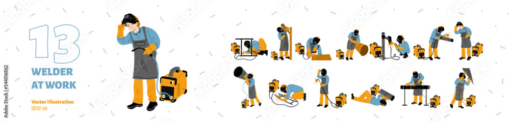 Welder at work scenes set. Construction worker repairs metal pipes in different poses. Man in safety mask work with welding machine isolated on white background, vector hand drawn illustration - obrazy, fototapety, plakaty 