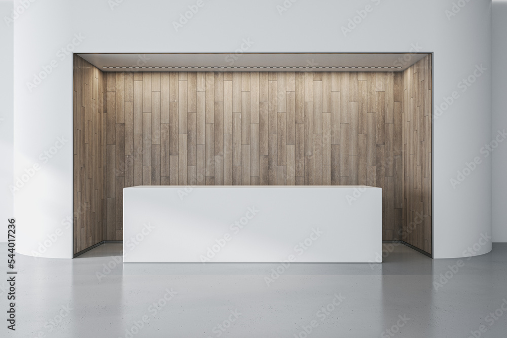 Contemporary office lobby interior with white wall and reception desk