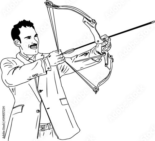 businessman holding an archery vector and illustration, A businessman shoots a bow and arrow in a sketch drawing, aiming at a business target. photo