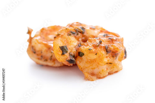 Grilled tiger shrimps isolated on white background.