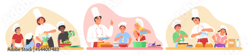 Kids cooking course vector scene isolated set