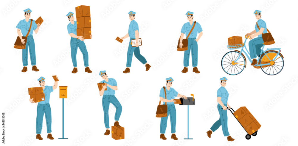 Fototapeta premium Set of postman characters delivering mail, flat vector illustration on white background. Mailman putting letters in mailbox, carrying parcels, riding bicycle, using trolley to move boxes. Occupation