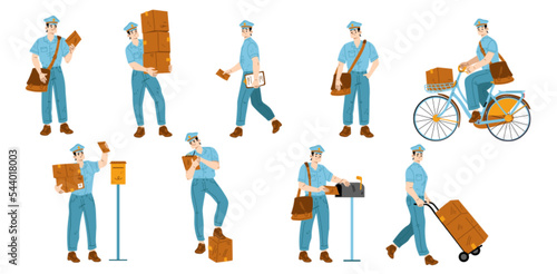 Set of postman characters delivering mail, flat vector illustration on white background. Mailman putting letters in mailbox, carrying parcels, riding bicycle, using trolley to move boxes. Occupation