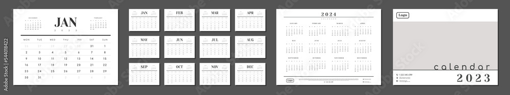 Calendar Layout Design for 2023-2024 and cover with Place for Photo, Company Logo in minimal business style. Vector template of a wall or table simple calendar with week start monday for print. Calendar Layout Design for 2023-2024 and cover with Place for Photo, Company Logo in minimal business style. Vector template of a wall or table simple calendar with week start monday for print.
