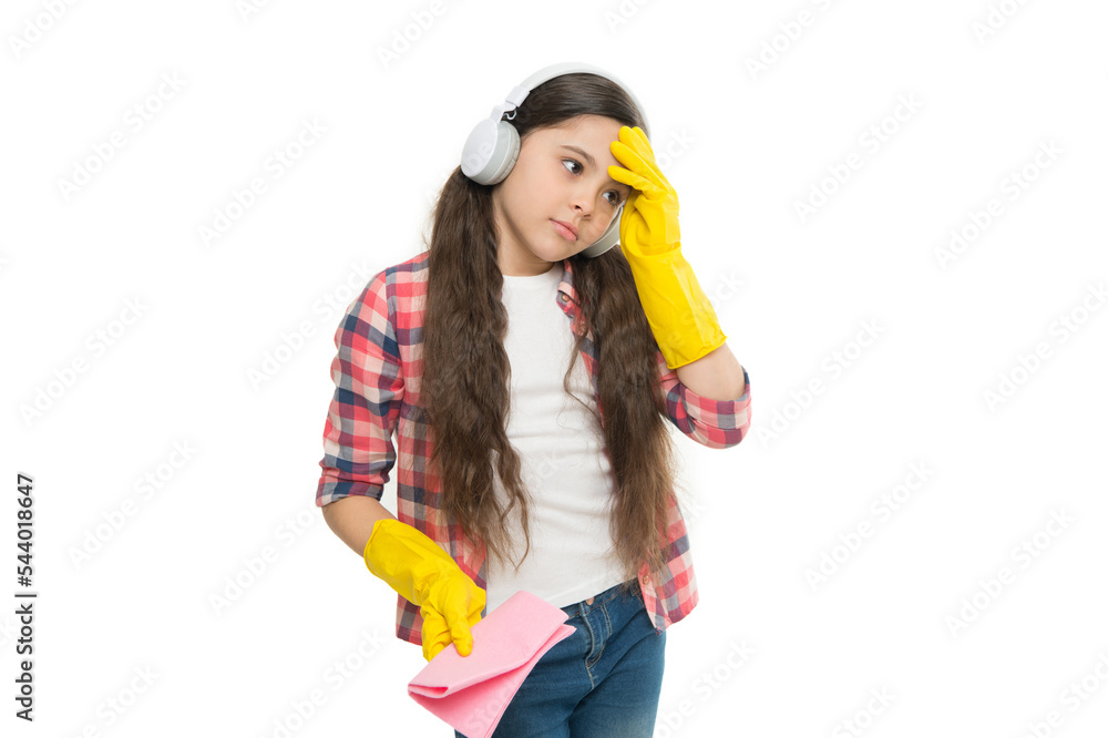too much work. Housekeeping and home cleaning concept. child use duster and gloves for cleaning. cleanser at home. tired girl mopping house and listening music. small girl cleaning home too much work. Housekeeping and home cleaning concept. child use duster and gloves for cleaning. cleanser at home. tired girl mopping house and listening music. small girl cleaning home