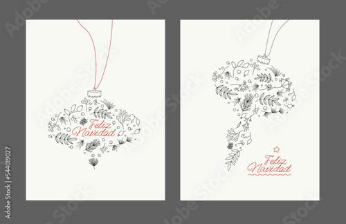 Christmas Postcard on a Spanish language. feliz navidad Xmas tree bauble for postcard and invitation
