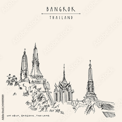 Vector Bangkok, Thailand, Asia postcard in retro style. Wat Arun (Temple of Dawn), famous venerated Buddhist temple. Travel sketch. Vintage artistic hand drawn touristic postcard
