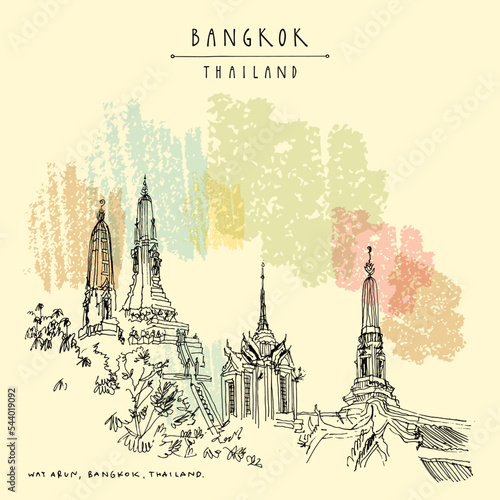 Vector Bangkok, Thailand, Asia postcard in retro style. Wat Arun (Temple of Dawn), famous venerated Buddhist temple. Travel sketch. Vintage artistic hand drawn touristic postcard