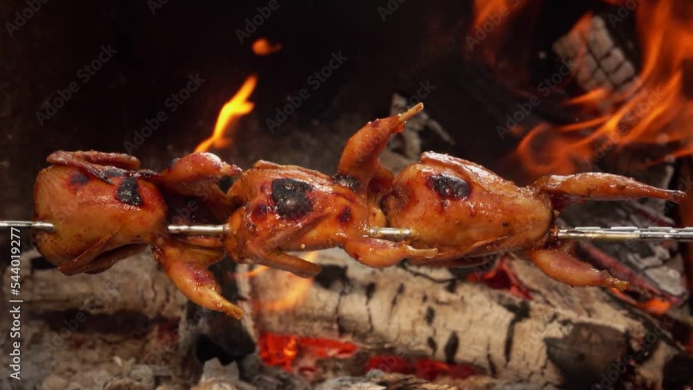 Delicious grilled quail carcasses on the skewer are frying above the open fire Delicious grilled quail carcasses on the skewer are frying above the open fire
