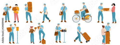 Set of postman characters delivering mail, flat vector illustration on white background. Mailman putting letters in mailbox, carrying parcels, riding bicycle, using trolley to move boxes. Occupation
