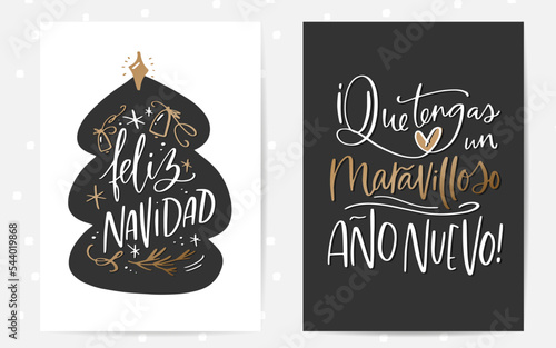 Cartas de felicitación Feliz Navidad,  Que tengas un maravilloso Año Nuevo con deseos navideño, caligrafía mensaje, árbol de Navidad y corazón imágenes de colores negro, blanco y oro.