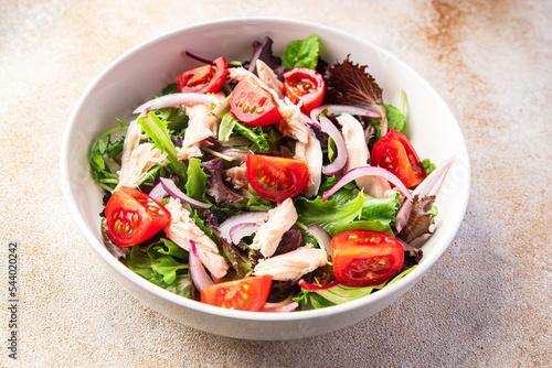 chicken breast salad tomato, green lettuce, onion healthy meal food snack on the table copy space food background 