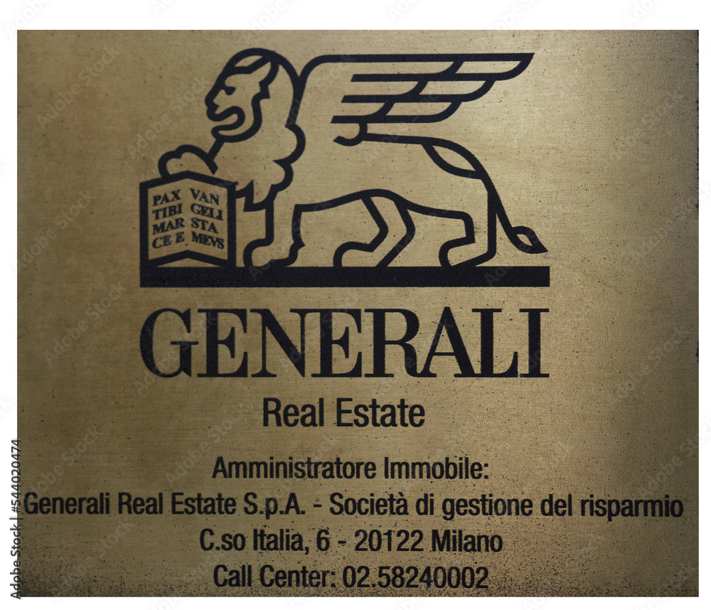 brass plaque with lion logo of the company "Generali Real Estate".Milan Italy,29 October 2022