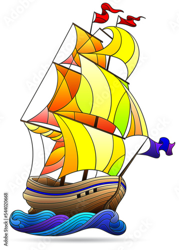 Illustration in the style of a stained glass window with a sailing ship, isolated on a white background